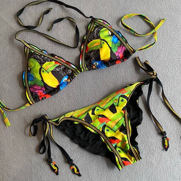 Agua Bendita Tucan String Bikini Whimsy Boho Womens Small Top Medium Bottoms